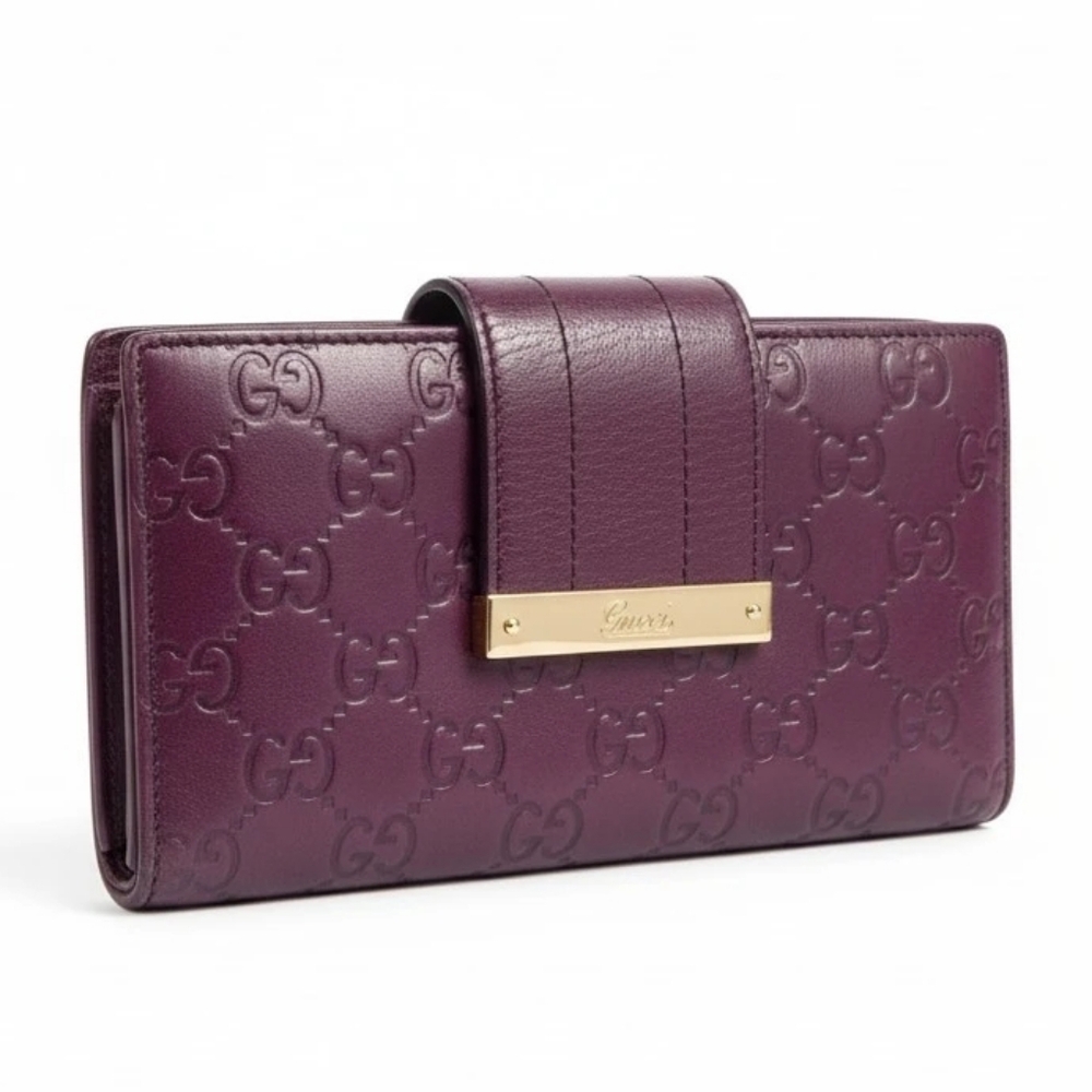 GUCCI Guccissima Plum Leather Wallet with Gold Detail